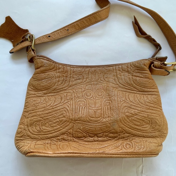 Brama Leather Bag Small Shoulder Tan Native Art Zip Closure Genuine DeerSkin - Picture 2 of 6